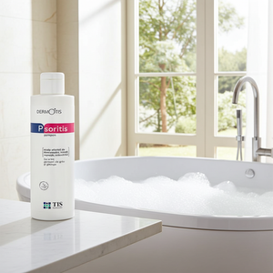 Dermotis Psoriasis shampoo bottle on bathroom counter beside bubble bath, for scalp care and gentle cleansing