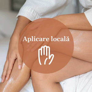 Person applying a cream or lotion to their leg with text 'Aplicare localã' and a hand icon.