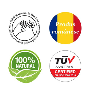 Collection of certification logos including 'Produit romanesc', '100% natural', and 'TÜlv Austria'.