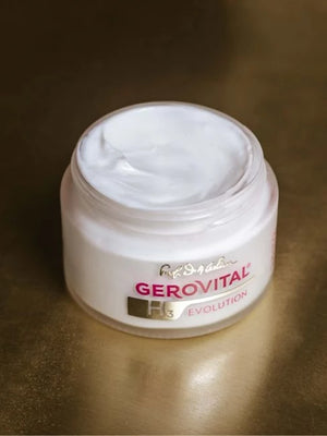 Jar of Gerovital cream on a brown background