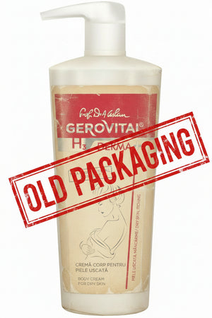 old packaging of Gerovital H3 Derma body cream bottle on a white background