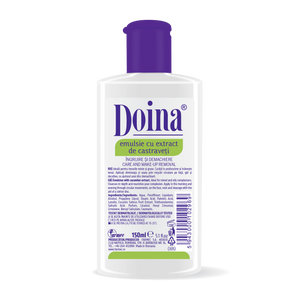 Bottle of Doina emulsion with a purple cap on a white background