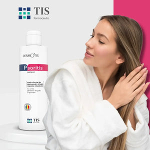 Woman in white robe gently touching healthy hair beside Dermotis Psoriasis shampoo bottle for scalp care