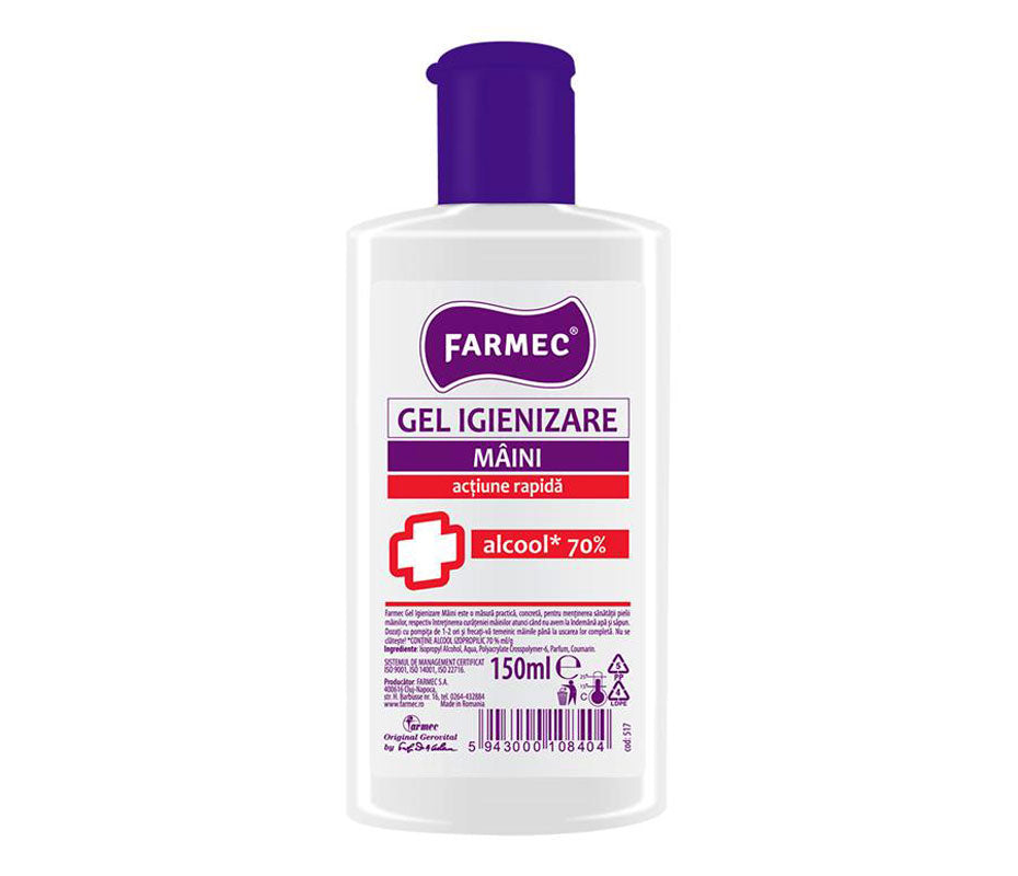 Gel dezinfectant antibacterian cu acțiune rapidă și 70% alcool - Farmec - 150 ml