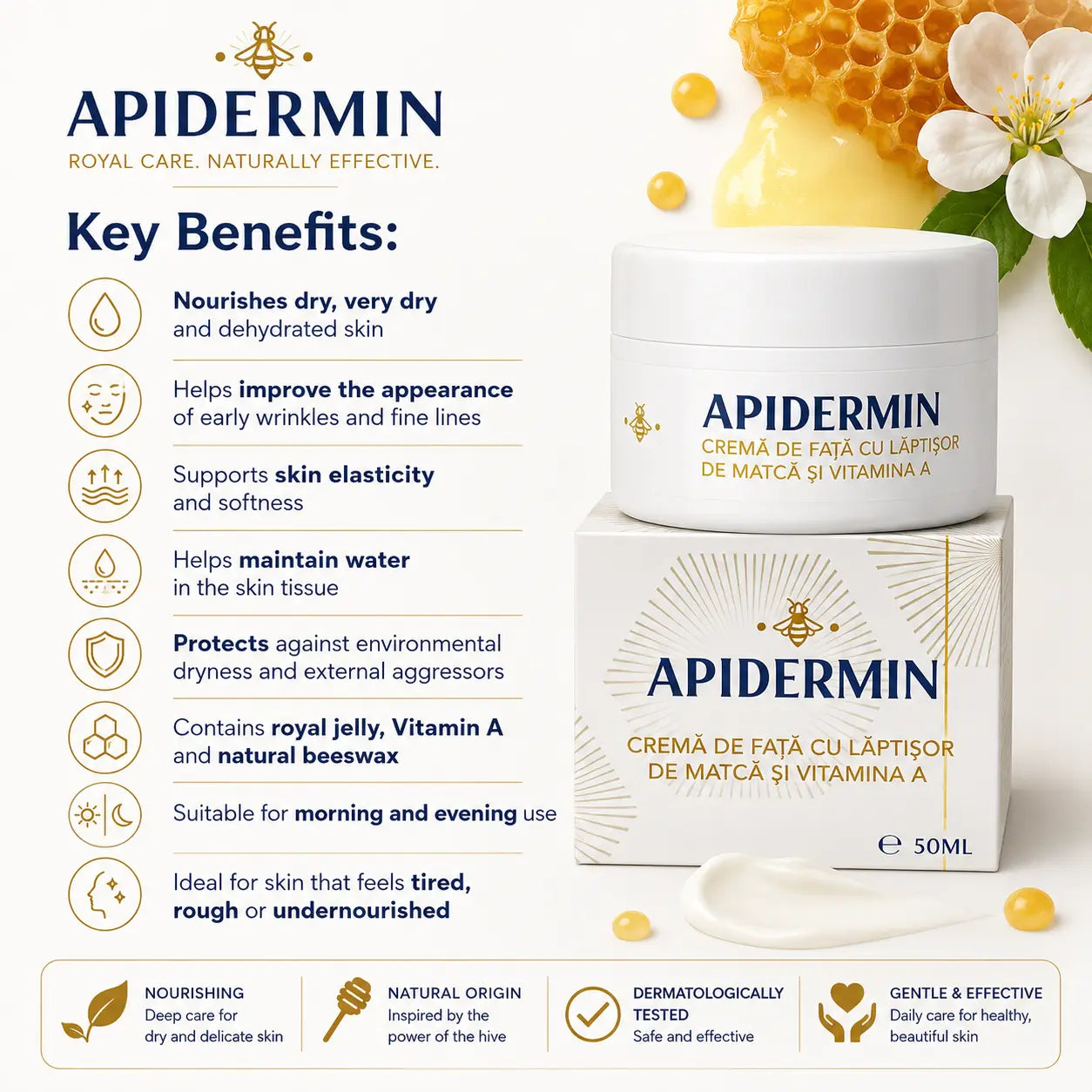 Apidermin Royal Jelly & Vitamin A Face Cream – Deep Hydrating Anti-Wrinkle Retinol Moisturizer for Dry & Dehydrated Skin, 50 ml