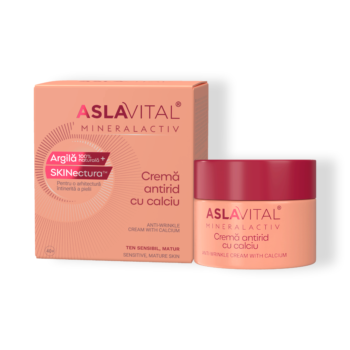 Aslavital Mineralactiv Anti-Wrinkle Cream with Calcium, 100% natural clay, SKINectura™, Argireline™ Amplified Peptide for Mature & Sensitive Skin,  50 ml