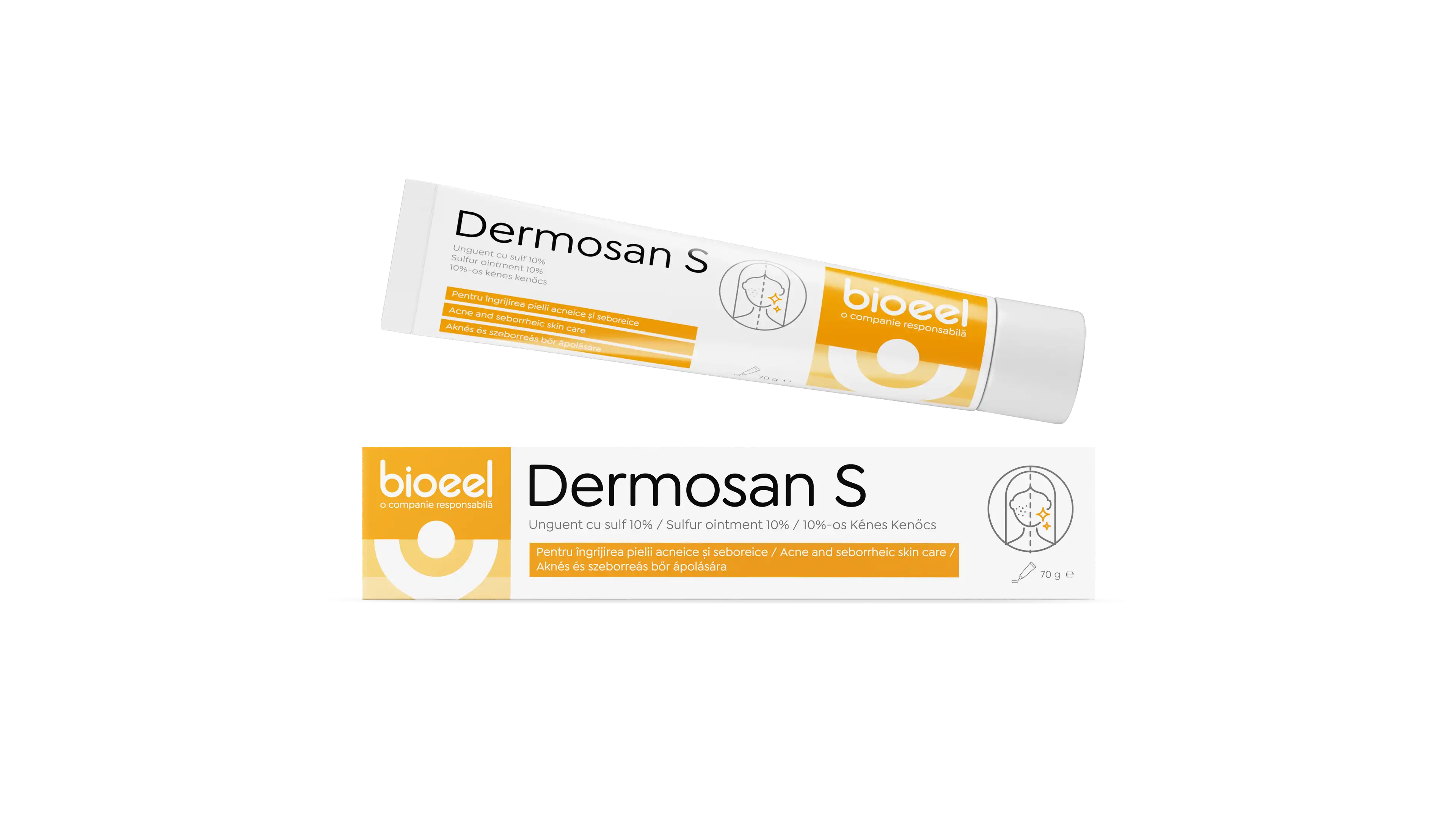 Unguent cu sulf Bioeel Dermosan S 10%, pentru îngrijirea pielii acneice și seboreice, 70 g