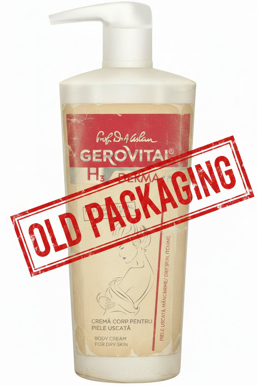 old packaging of Gerovital H3 Derma body cream bottle on a white background