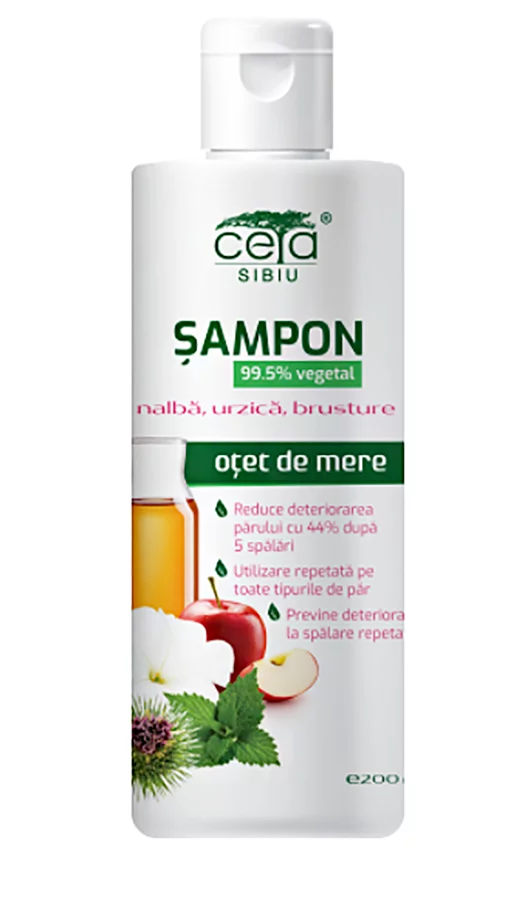 99.5% Vegetable Shampoo with Apple Cider Vinegar, Marshmallow, Nettle, and Burdock, Ceta Sibiu, 200ml