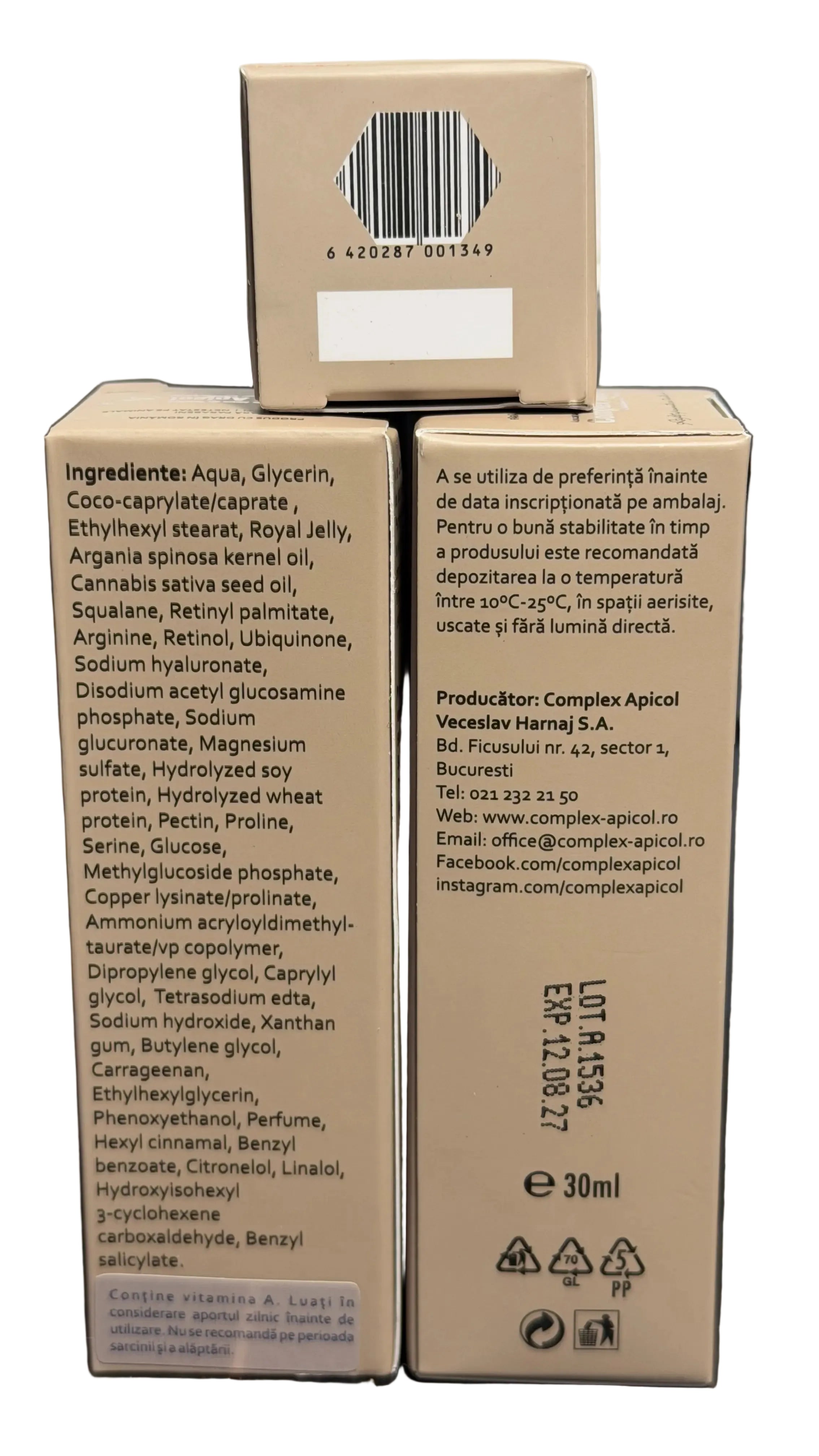 Two cardboard boxes of Complex Apicol Apiciflora 30ml liquid supplement, showing the back of the packaging with ingredients and product details in Romanian.