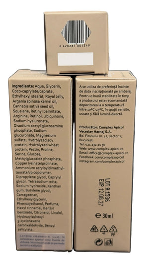 Two cardboard boxes of Complex Apicol Apiciflora 30ml liquid supplement, showing the back of the packaging with ingredients and product details in Romanian.