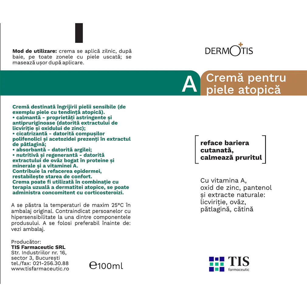 Cremă pentru ten atopic – Calmează mâncărimea și restabilește bariera cutanată DermoTis, Tis Farmaceutic, 50 ml