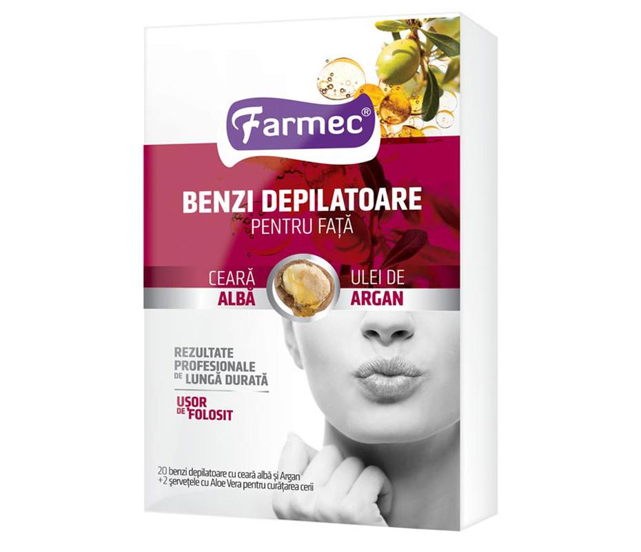 Depilatory strips for face with white wax and argan, Facial Wax Strips - Farmec Hair Removal - 10x2 depilatory strips