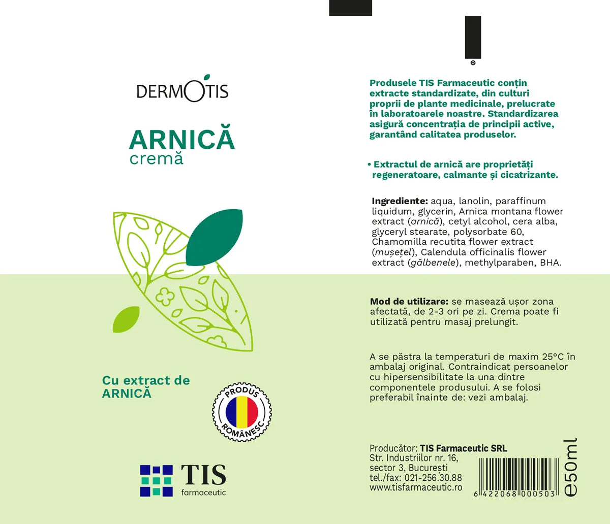 Cremă cu arnică DermoTIS, entorse, luxații, contuzii și edeme, Tis Farmaceutic, 50 ml