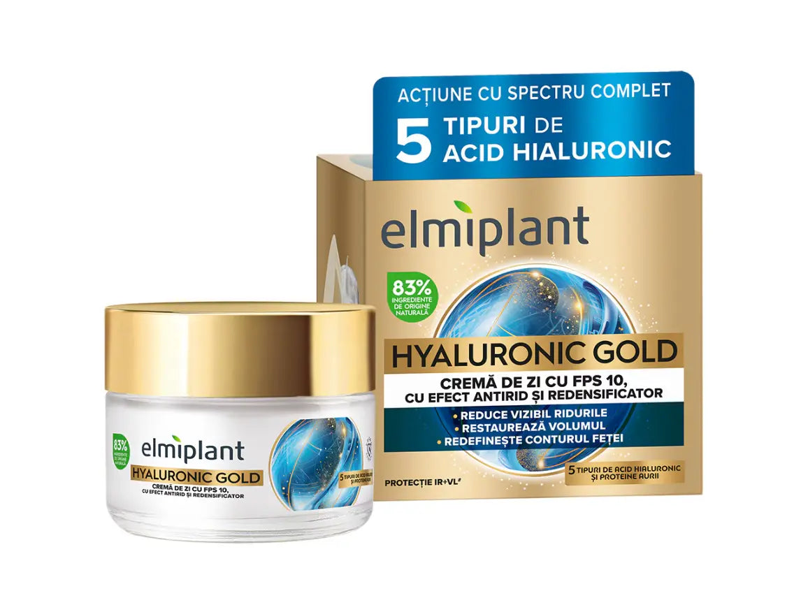 Elmiplant Hyaluronic Gold Anti-Wrinkle Day Cream with 5 Types of Hyaluronic Acid & Golden Proteins – Replumping & Firming Face Moisturizer, 83% Natural, 50 ml