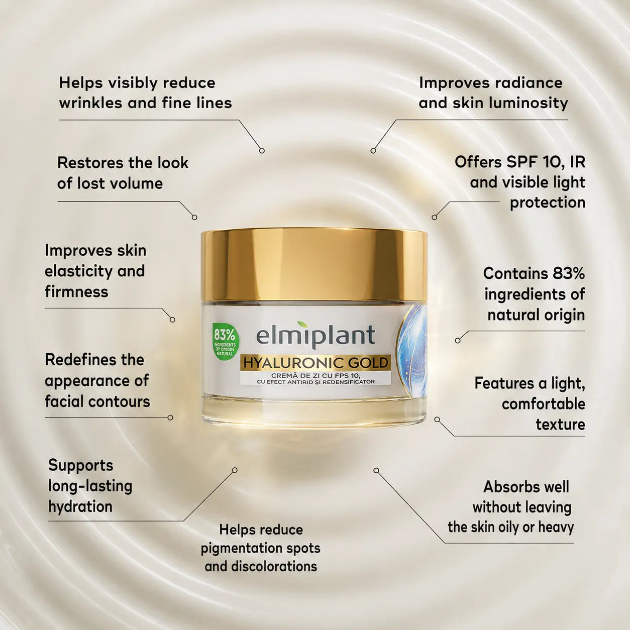 Elmiplant Hyaluronic Gold Anti-Wrinkle Day Cream with 5 Types of Hyaluronic Acid & Golden Proteins – Replumping & Firming Face Moisturizer, 83% Natural, 50 ml