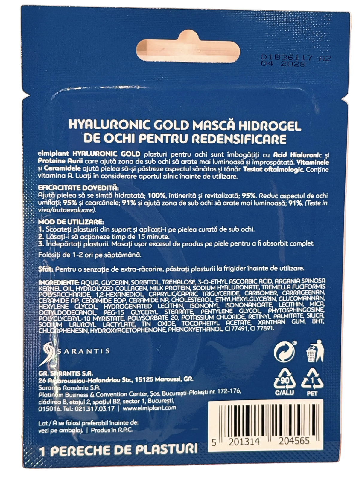 The back of a blue plastic pouch of Hyaluronic Gold Mask Hydrogel for skin repair, featuring product details in Romanian, a barcode, and recycling symbols.
