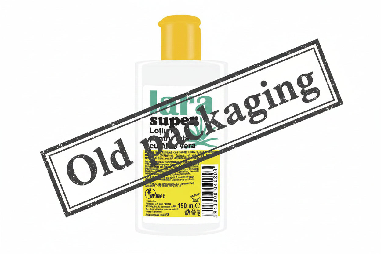 OLD Lara Super lotion bottle with aloe vera on a white background