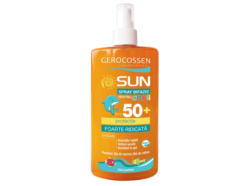 Gerocossen Sun Kids Biphase Sunscreen Spray SPF 50+ – Fragrance-Free, Water-Resistant Dry Touch Sun Protection with Panthenol & Sea Buckthorn, 300 ml
