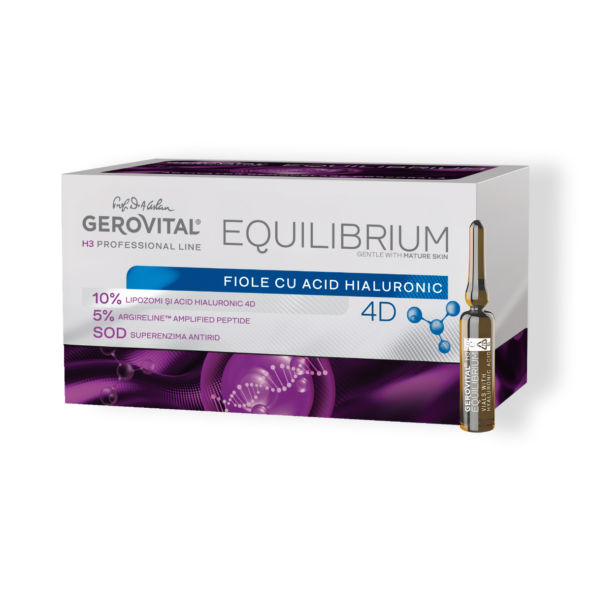 Gerovital H3 Equilibrium Anti-Aging Face Serum Ampoules with 10% 4D Hyaluronic Acid & 5% Argireline™ Peptide – Intensive Wrinkle Filler & Deep Hydration Treatment for Mature Skin, 20 x 2ml