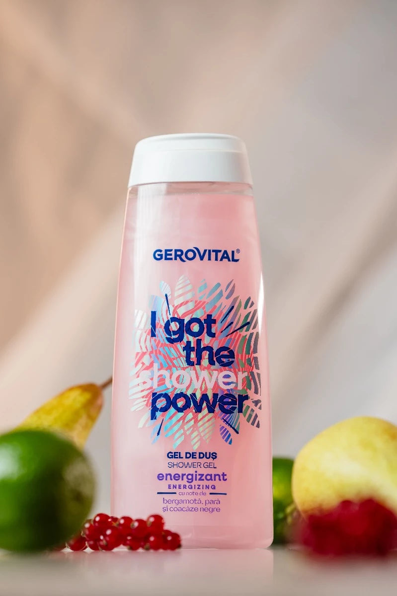Gel de duș energizant Gerovital cu note fructate și lemnoase, 400 ml