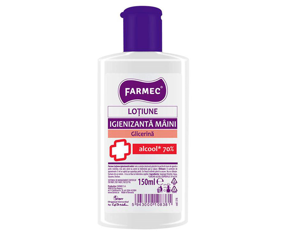 Loțiune dezinfectantă pentru mâini cu glicerină și alcool 70% - Farmec - 150 ml