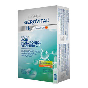 Product photography of a Gerovital H3 Hyaluron C Hyaluronic Acid and Vitamin C Ampoules box featuring bold blue branding, a molecular structure graphic, and a green highlight for 2% Hyaluronic Acid and Vitamin C, with a single glass ampoule standing next to it