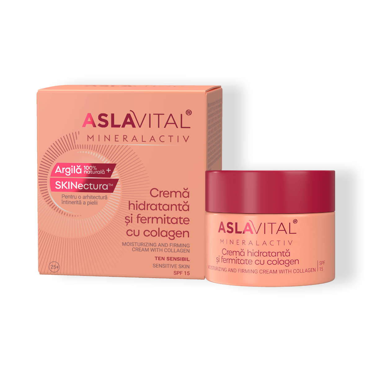 Hydrating & Firming Cream with Collagen SPF 15 for Sensitive Skin, with Clay and SKINectura™, Aslavital Mineralactiv, 50 ml