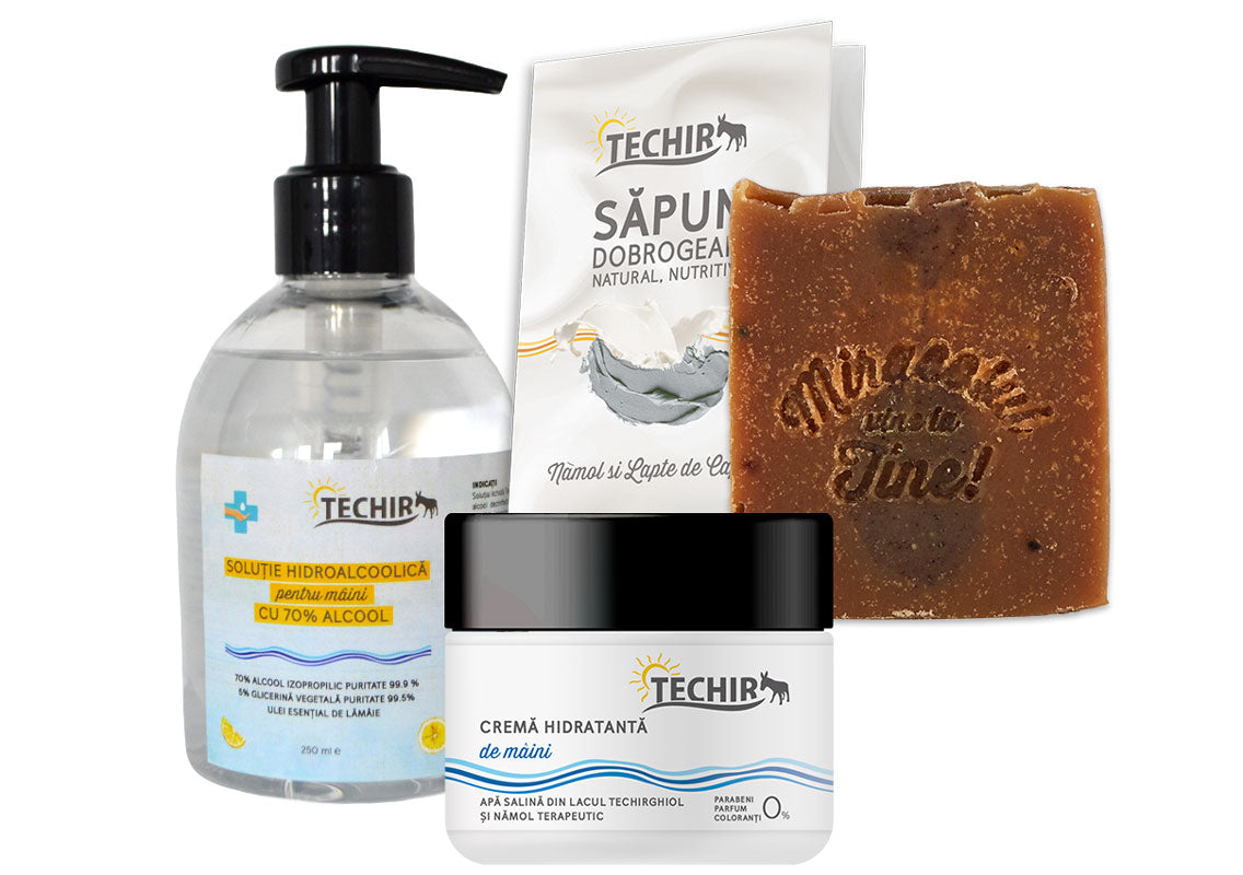 Trusă de igienă personală pentru mâini: Soluție hidroalcoolică 250ml + Cremă hidratantă 50gr + Săpun natural hrănitor 125gr