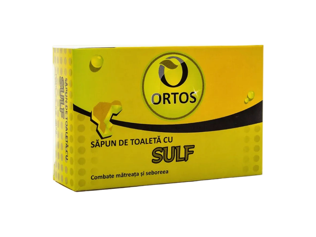 Yellow box of Ortos soap with branding and text on a white background